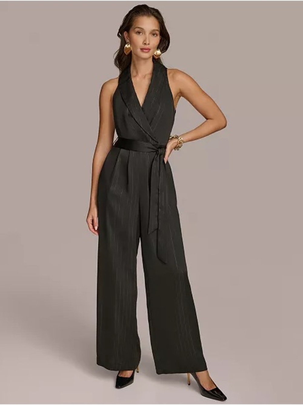 DONNA KARAN Sleeveless Wrap Wide Leg‎ Jumpsuit in Satin Black elegant formal
